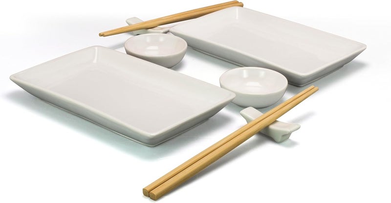 ZENVY Ceramic Sushi Plate Set - 8 Piece Japanese Style Dinnerware Set with 2 Rectangular Plates, 2 Dipping Dishes, 2 Pairs of Chopsticks & Stands - Image 1